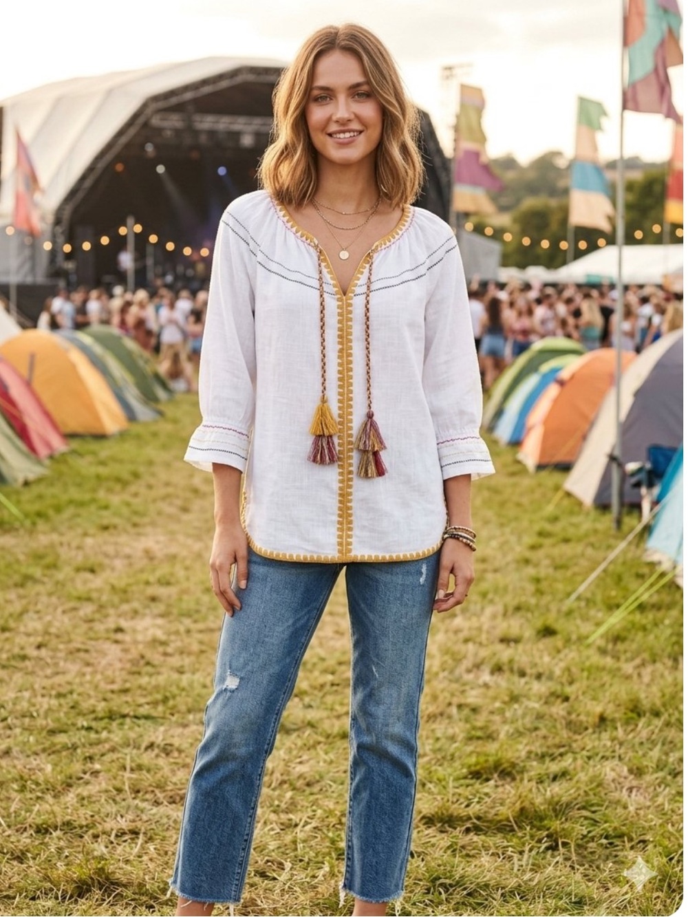 White Popover Festival Blouse Yellow Trim Tassel Tie Front Top Stitch